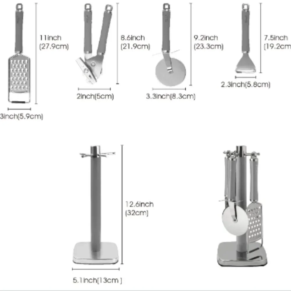 5 pc - Stainless Steel Kitchen Accessory Set w/ Gadget Holder  (Grey/Silver)
